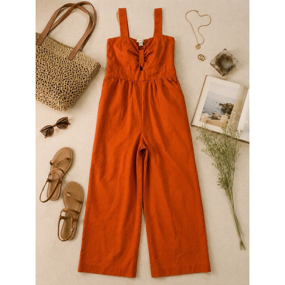 Monteau Los Angeles Orange Linen Blend Knot Front Wide Leg Jumpsuit Womens M